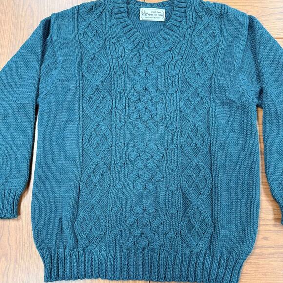 Vintage Teal Green Cable Knit V-Neck Unisex Sweater Handmade Peru Alpaca Wool OS - Picture 3 of 8